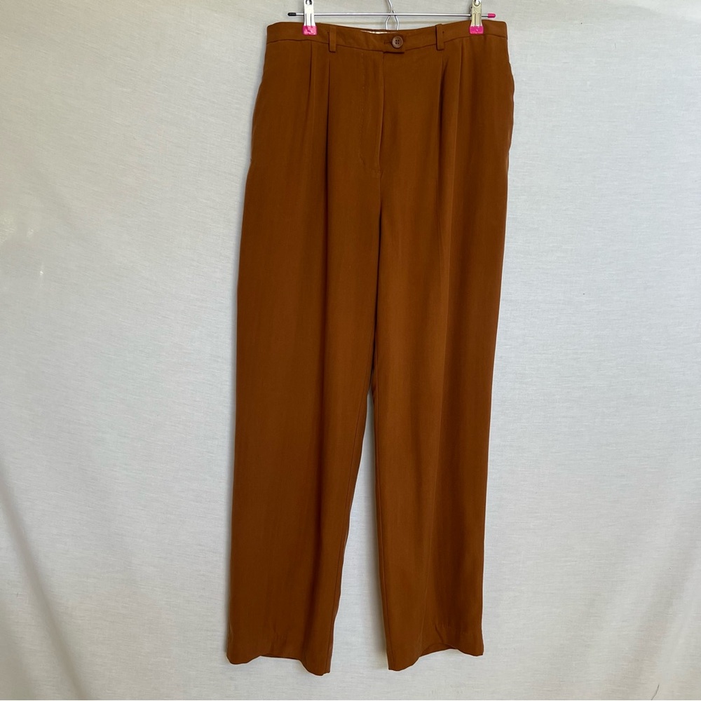 Natural Elements Rich Brown 100% Silk Pleated Dress Trousers